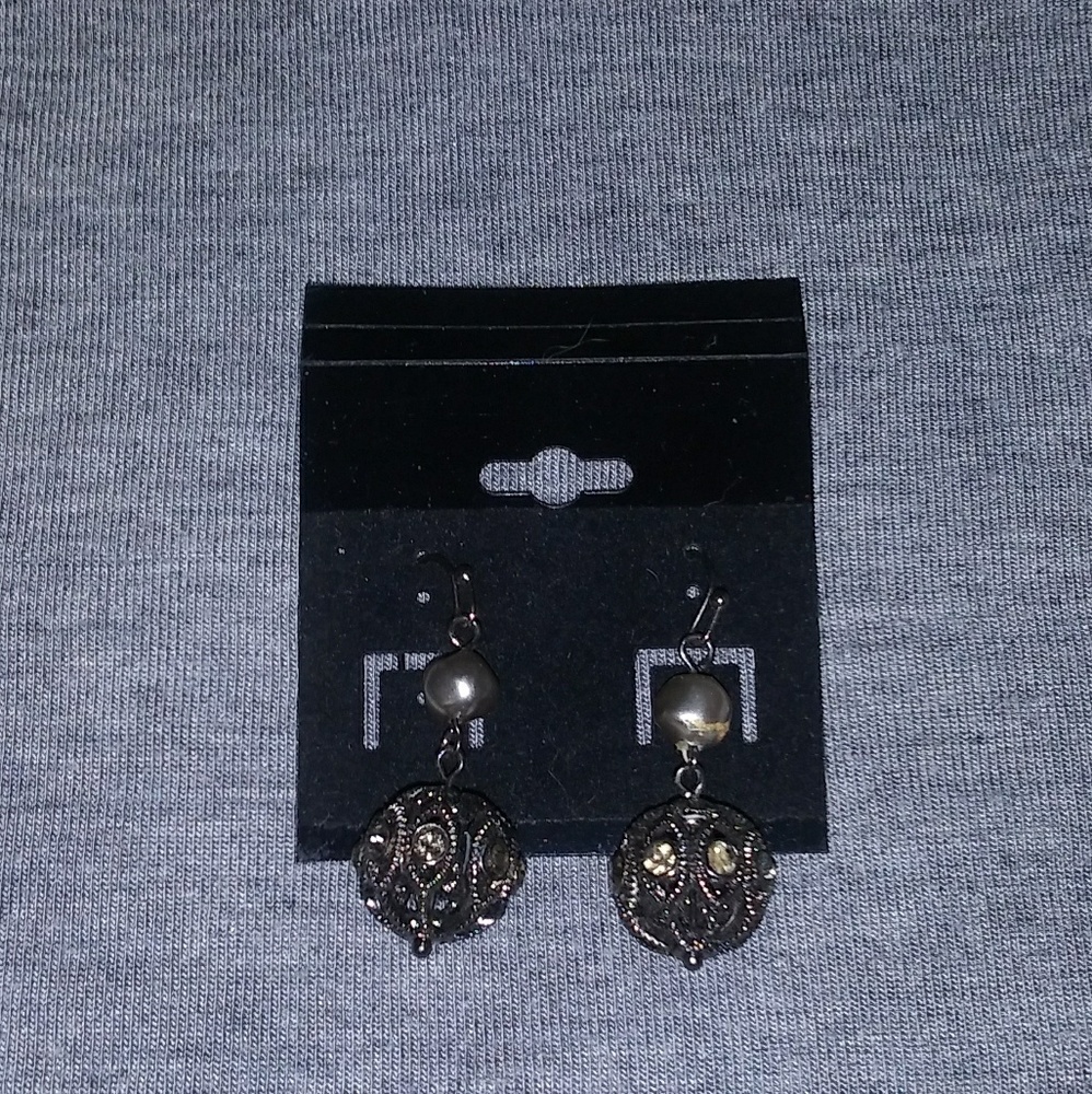 Hematite dangles w/ embedded crystals & pearls.